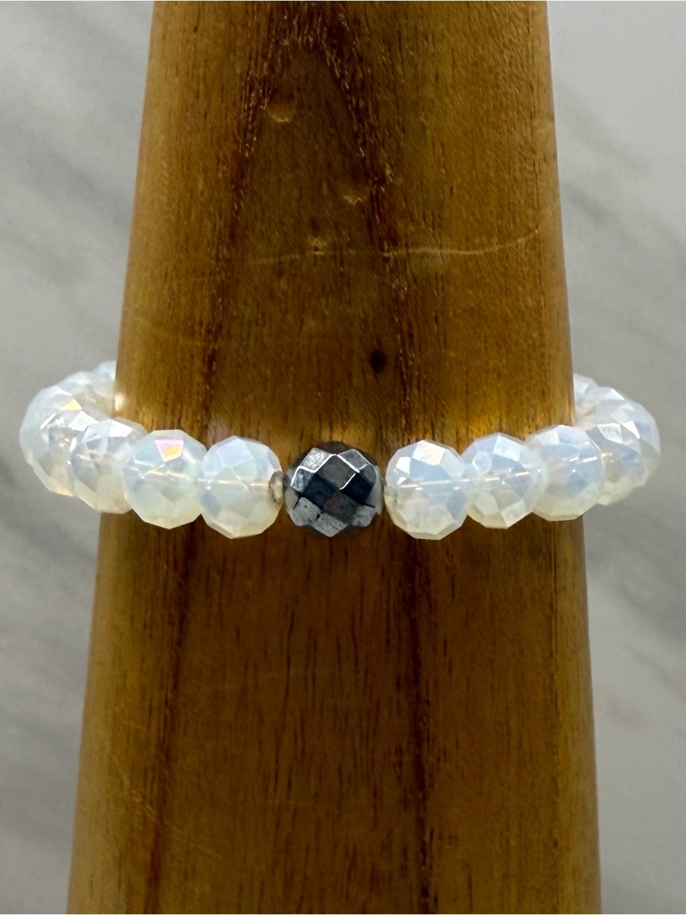 Iridescent Opal Faceted Bead Stretch Bracelet with Silver Accent Bead